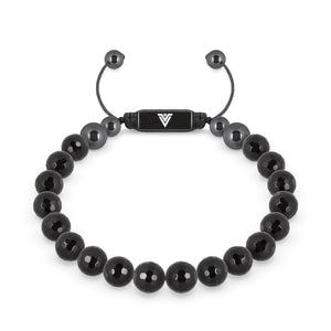 Front view of an 8mm Faceted Onyx crystal beaded shamballa bracelet with black stainless steel logo bead made by Voltlin
