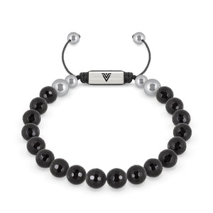 Front view of an 8mm Faceted Onyx beaded shamballa bracelet with silver stainless steel logo bead made by Voltlin