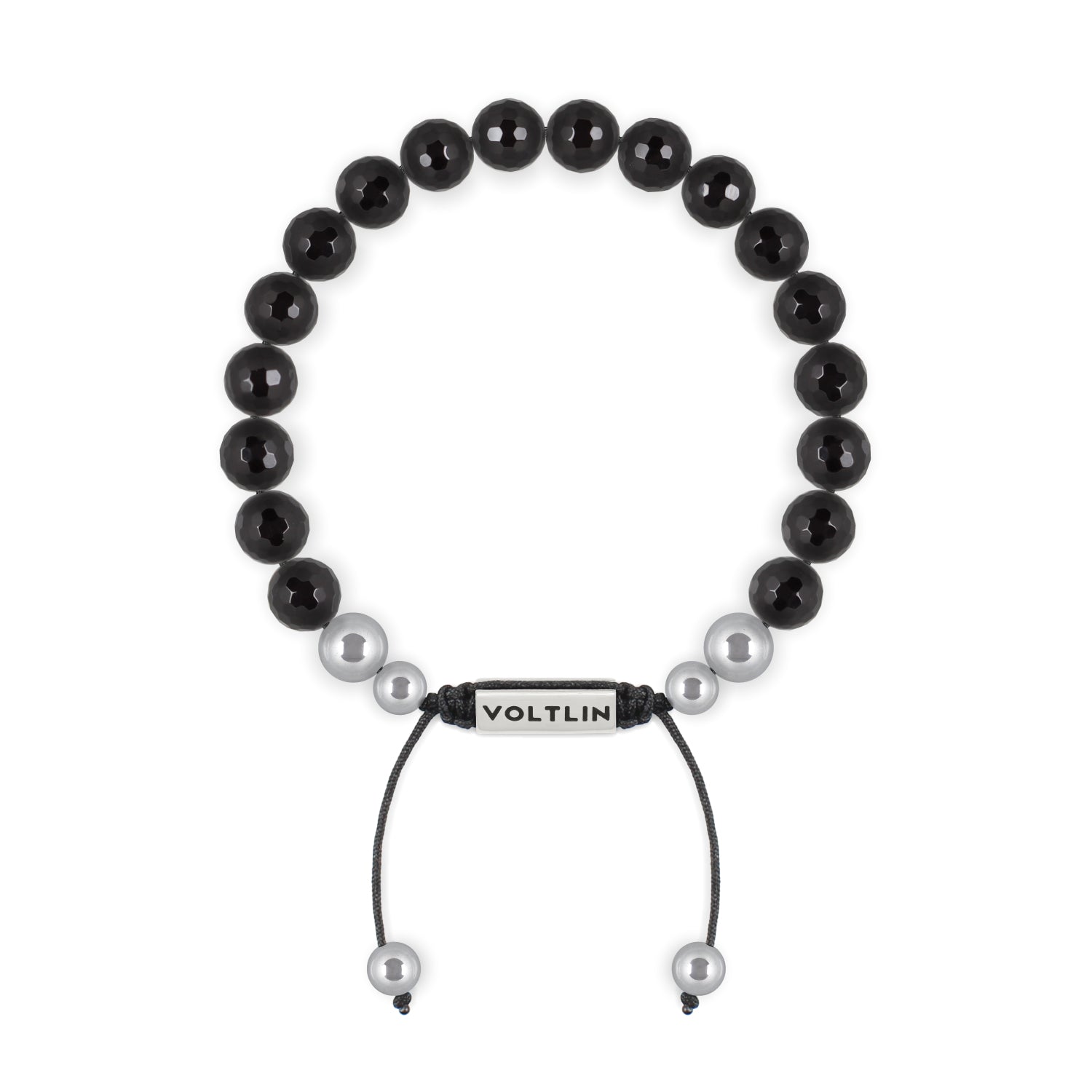 Top view of an 8mm Faceted Onyx beaded shamballa bracelet with silver stainless steel logo bead made by Voltlin