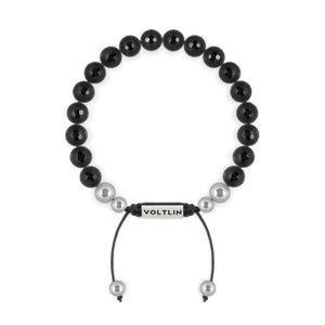Top view of an 8mm Faceted Onyx beaded shamballa bracelet with silver stainless steel logo bead made by Voltlin