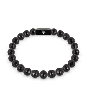 Front view of an 8mm Faceted Onyx crystal beaded stretch bracelet with black stainless steel logo bead made by Voltlin