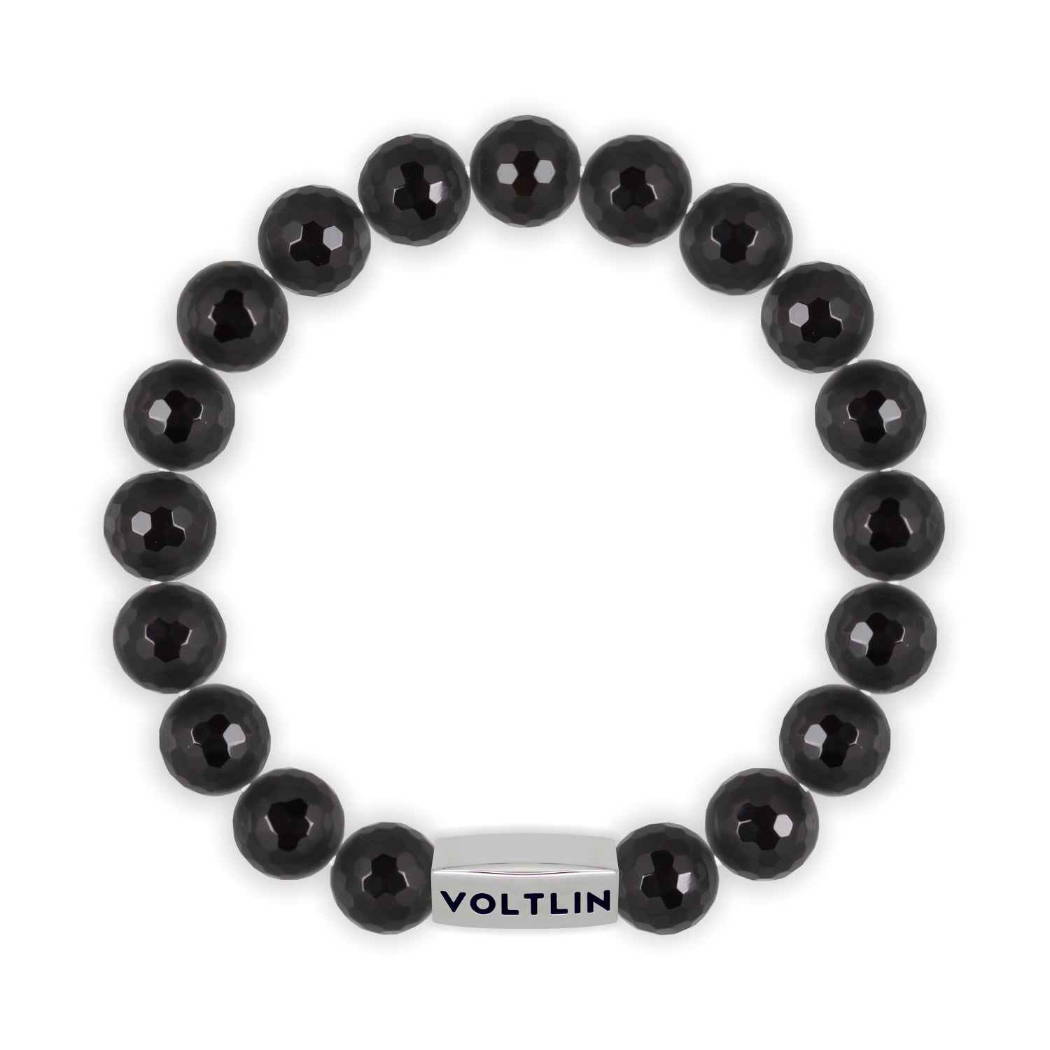 Top view of a 10mm Faceted Onyx beaded stretch bracelet with silver stainless steel logo bead made by Voltlin