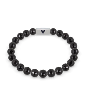 Front view of an 8mm Faceted Onyx beaded stretch bracelet with silver stainless steel logo bead made by Voltlin