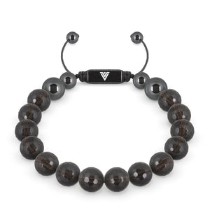 Front view of a 10mm Faceted Smoky Quartz crystal beaded shamballa bracelet with black stainless steel logo bead made by Voltlin