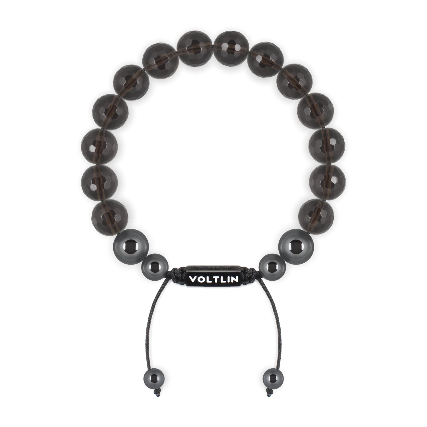 Top view of a 10mm Faceted Smoky Quartz crystal beaded shamballa bracelet with black stainless steel logo bead made by Voltlin