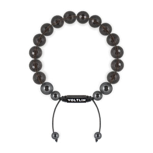 Top view of a 10mm Faceted Smoky Quartz crystal beaded shamballa bracelet with black stainless steel logo bead made by Voltlin