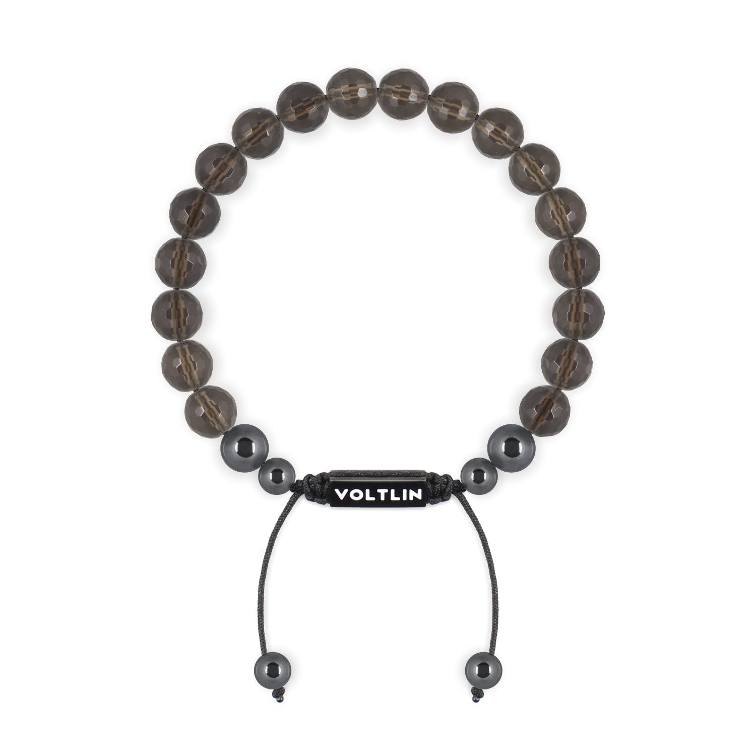 Front view of an 8mm Faceted Smoky Quartz crystal beaded shamballa bracelet with black stainless steel logo bead made by Voltlin