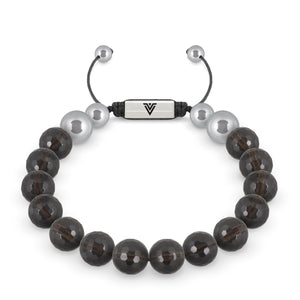 Front view of a 10mm Faceted Smoky Quartz beaded shamballa bracelet with silver stainless steel logo bead made by Voltlin