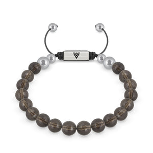 Front view of an 8mm Faceted Smoky Quartz beaded shamballa bracelet with silver stainless steel logo bead made by Voltlin
