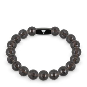 Front view of a 10mm Faceted Smoky Quartz crystal beaded stretch bracelet with black stainless steel logo bead made by Voltlin