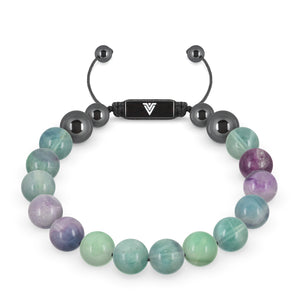Front view of a 10mm Fluorite crystal beaded shamballa bracelet with black stainless steel logo bead made by Voltlin