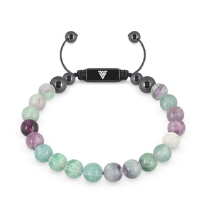 Front view of an 8mm Fluorite crystal beaded shamballa bracelet with black stainless steel logo bead made by Voltlin
