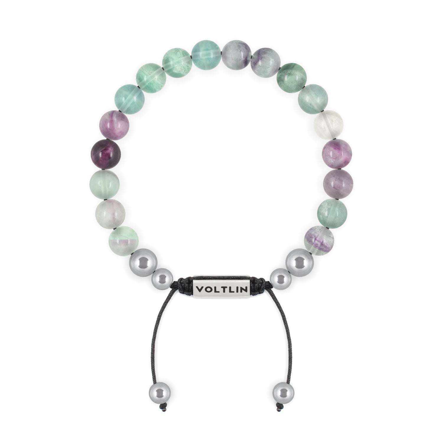 Front view of an 8mm Fluorite beaded shamballa bracelet with silver stainless steel logo bead made by Voltlin