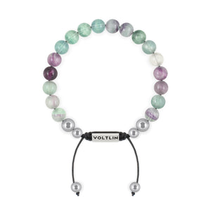 Top view of an 8mm Fluorite beaded shamballa bracelet with silver stainless steel logo bead made by Voltlin