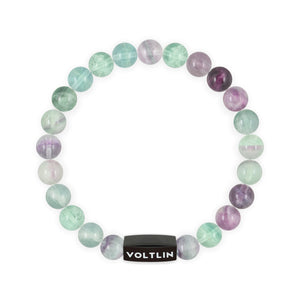 Top view of an 8mm Fluorite crystal beaded stretch bracelet with black stainless steel logo bead made by Voltlin