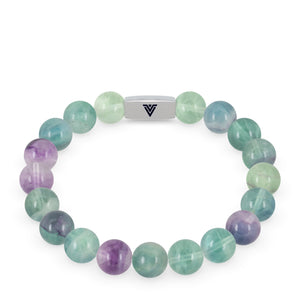Front view of a 10mm Fluorite beaded stretch bracelet with silver stainless steel logo bead made by Voltlin