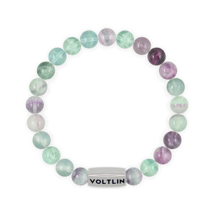 Top view of an 8mm Fluorite beaded stretch bracelet with silver stainless steel logo bead made by Voltlin