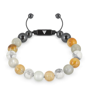 Front view of a 10mm Gemini Zodiac crystal beaded shamballa bracelet with black stainless steel logo bead made by Voltlin