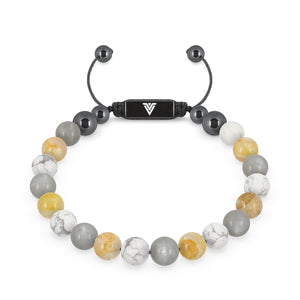 Front view of an 8mm Gemini Zodiac crystal beaded shamballa bracelet with black stainless steel logo bead made by Voltlin
