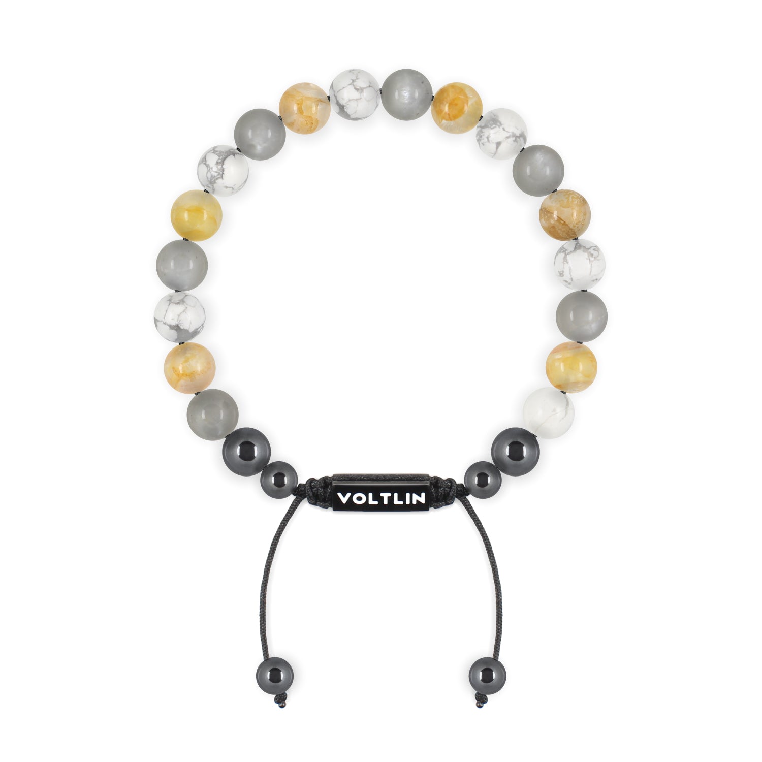 Top view of an 8mm Gemini Zodiac crystal beaded shamballa bracelet with black stainless steel logo bead made by Voltlin