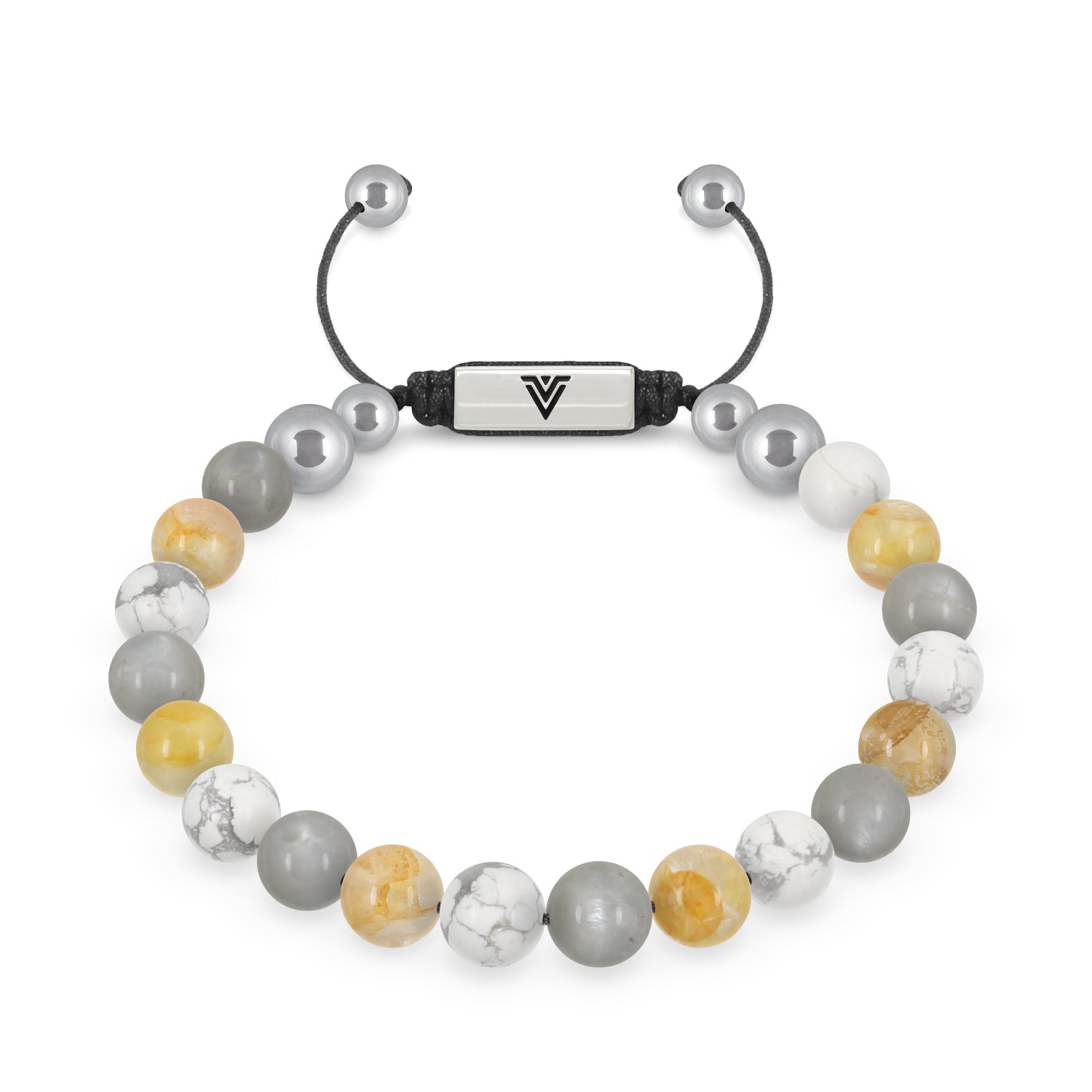 Front view of an 8mm Gemini Zodiac beaded shamballa bracelet featuring Moonstone, Citrine, & Howlite crystal and silver stainless steel logo bead made by Voltlin