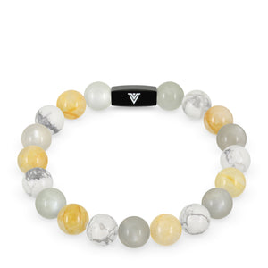 Front view of a 10mm Gemini Zodiac crystal beaded stretch bracelet with black stainless steel logo bead made by Voltlin