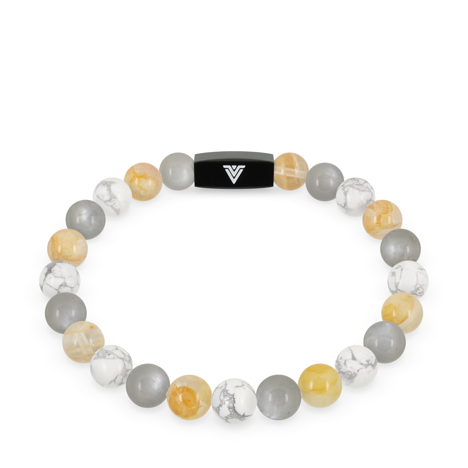 Front view of an 8mm Gemini Zodiac crystal beaded stretch bracelet with black stainless steel logo bead made by Voltlin