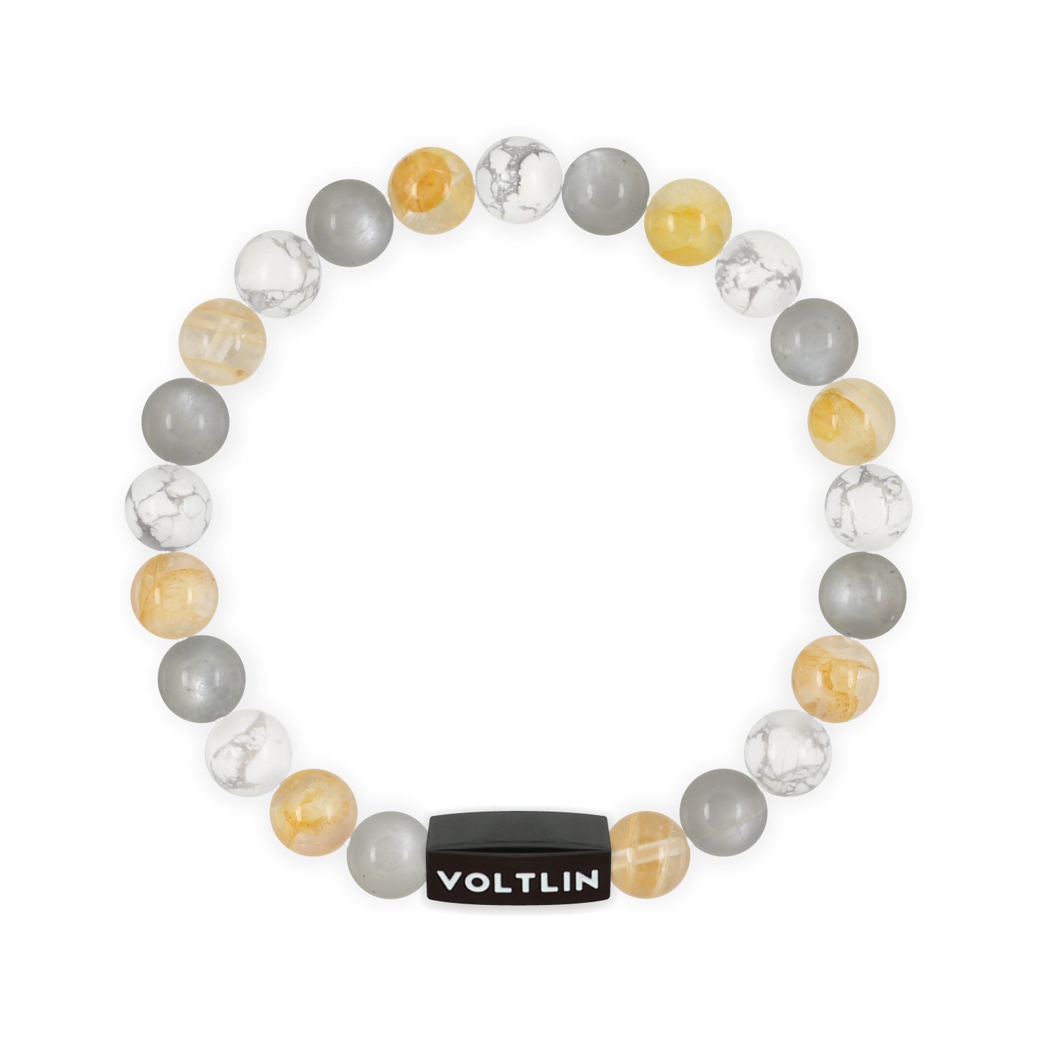 Top view of a 10mm Gemini Zodiac crystal beaded stretch bracelet with black stainless steel logo bead made by Voltlin