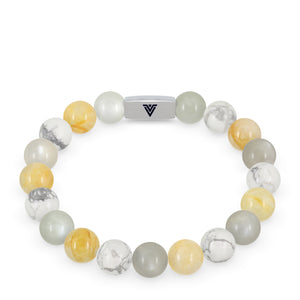 Front view of a 10mm Gemini Zodiac beaded stretch bracelet featuring Moonstone, Citrine, & Howlite crystal and silver stainless steel logo bead made by Voltlin