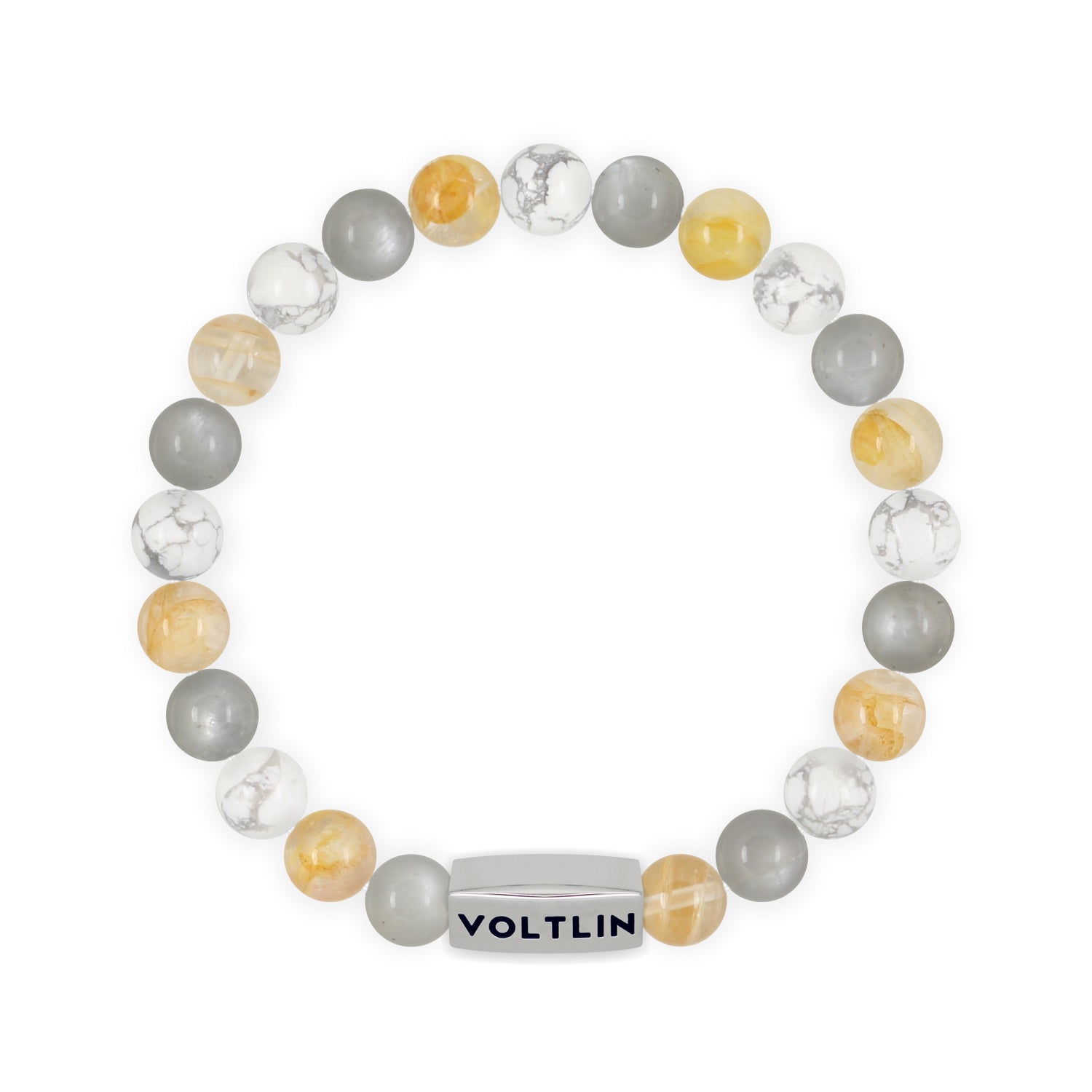 Front view of an 8mm Gemini Zodiac beaded stretch bracelet featuring Moonstone, Citrine, & Howlite crystal and silver stainless steel logo bead made by Voltlin