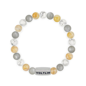 Top view of an 8mm Gemini Zodiac beaded stretch bracelet featuring Moonstone, Citrine, & Howlite crystal and silver stainless steel logo bead made by Voltlin