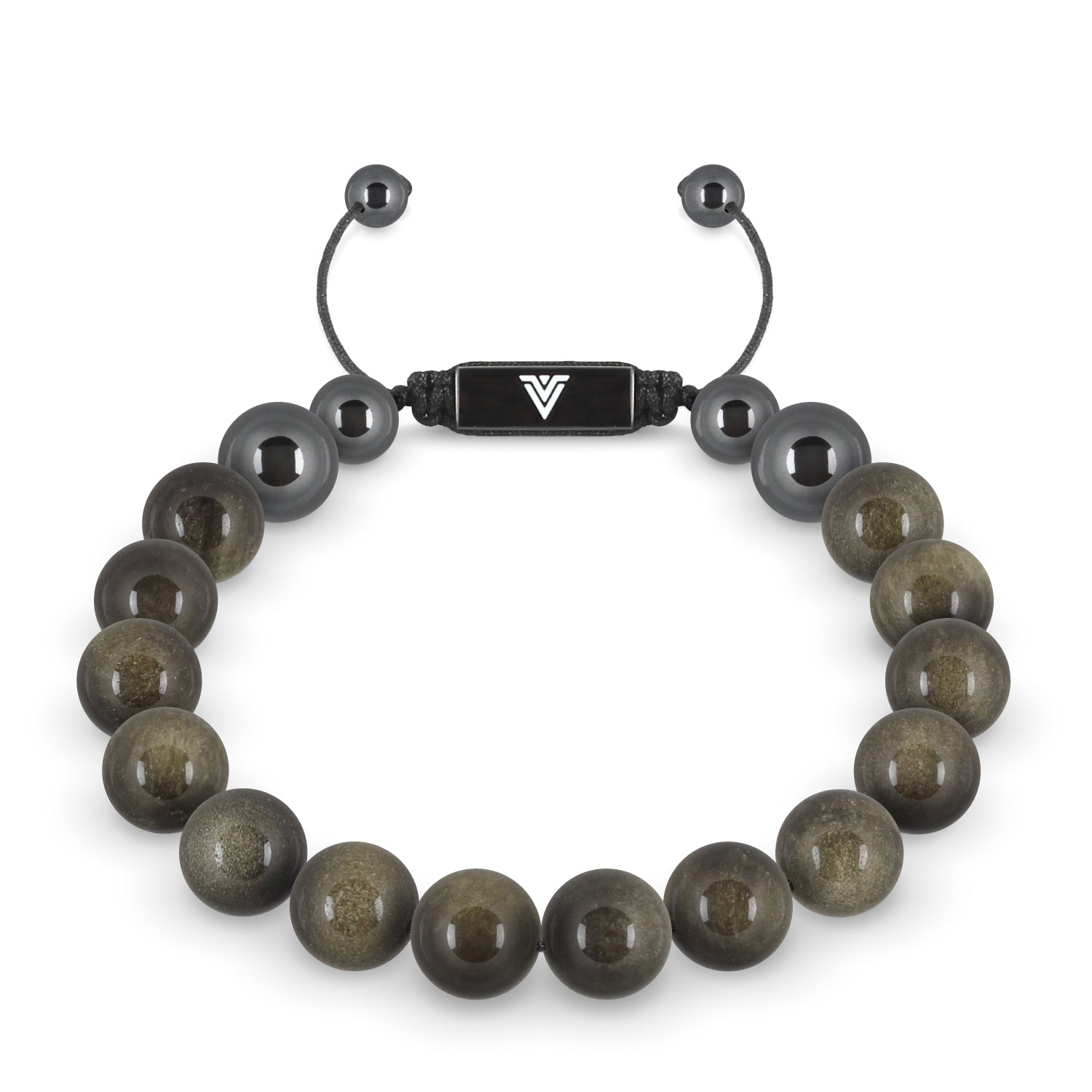Front view of a 10mm Golden Obsidian crystal beaded shamballa bracelet with black stainless steel logo bead made by Voltlin