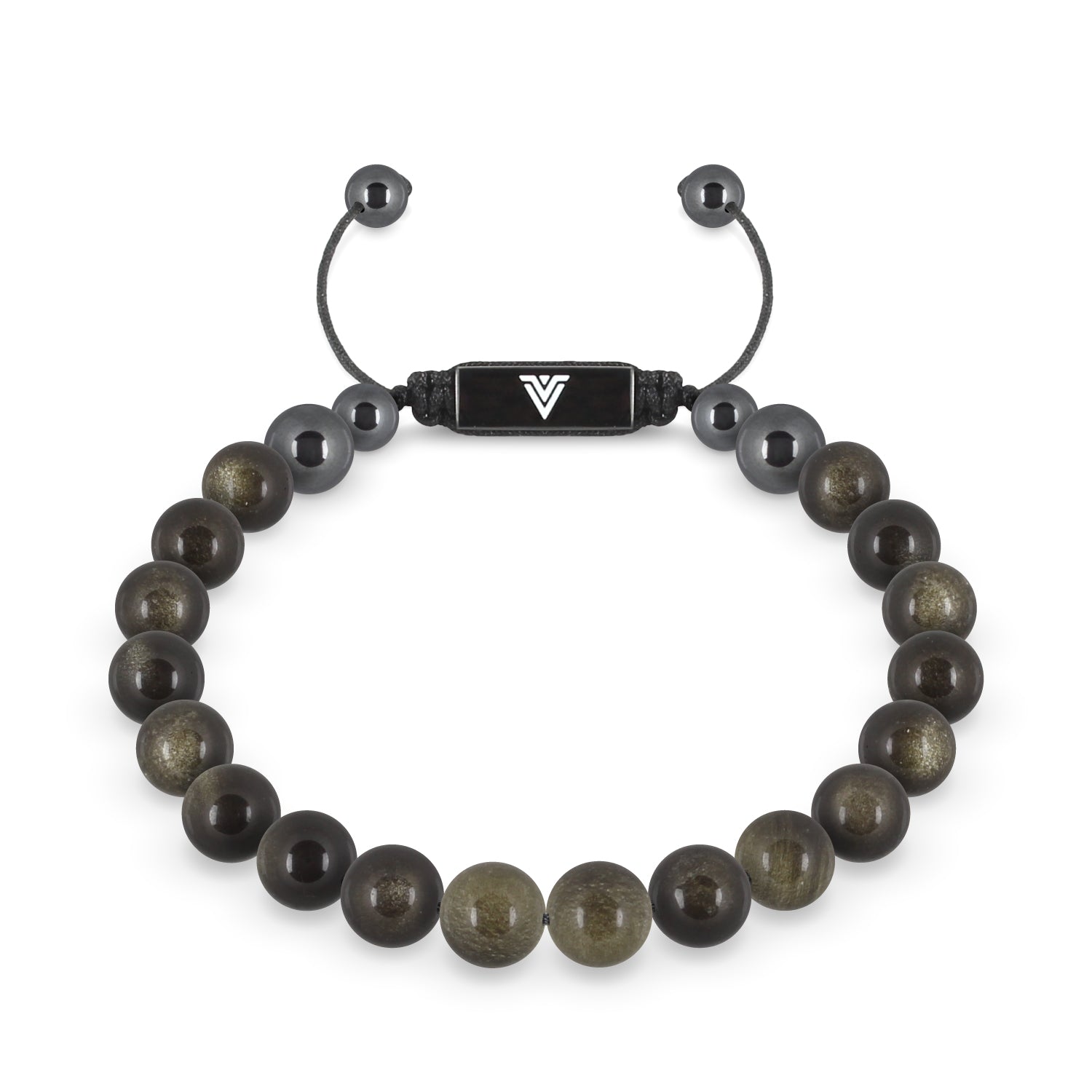 Front view of an 8mm Golden Obsidian crystal beaded shamballa bracelet with black stainless steel logo bead made by Voltlin