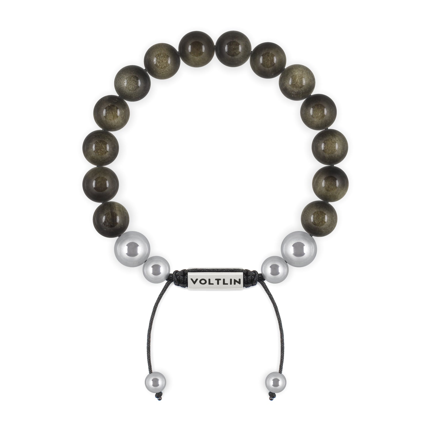 Top view of a 10mm Golden Obsidian beaded shamballa bracelet with silver stainless steel logo bead made by Voltlin