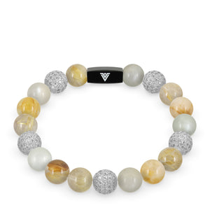 Front view of a 10 mm Golden Sirius beaded stretch bracelet featuring Rutilated Quartz, Silver Pave, Moonstone, & Citrine crystal and black stainless steel logo bead made by Voltlin