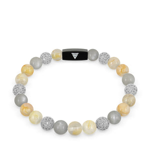 Front view of an 8mm Golden Sirius beaded stretch bracelet featuring Rutilated Quartz, Silver Pave, Moonstone, & Citrine crystal and black stainless steel logo bead made by Voltlin