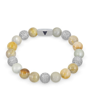 Front view of a 10mm Golden Sirius beaded stretch bracelet featuring Rutilated Quartz, Silver Pave, Moonstone, & Citrine crystal and silver stainless steel logo bead made by Voltlin