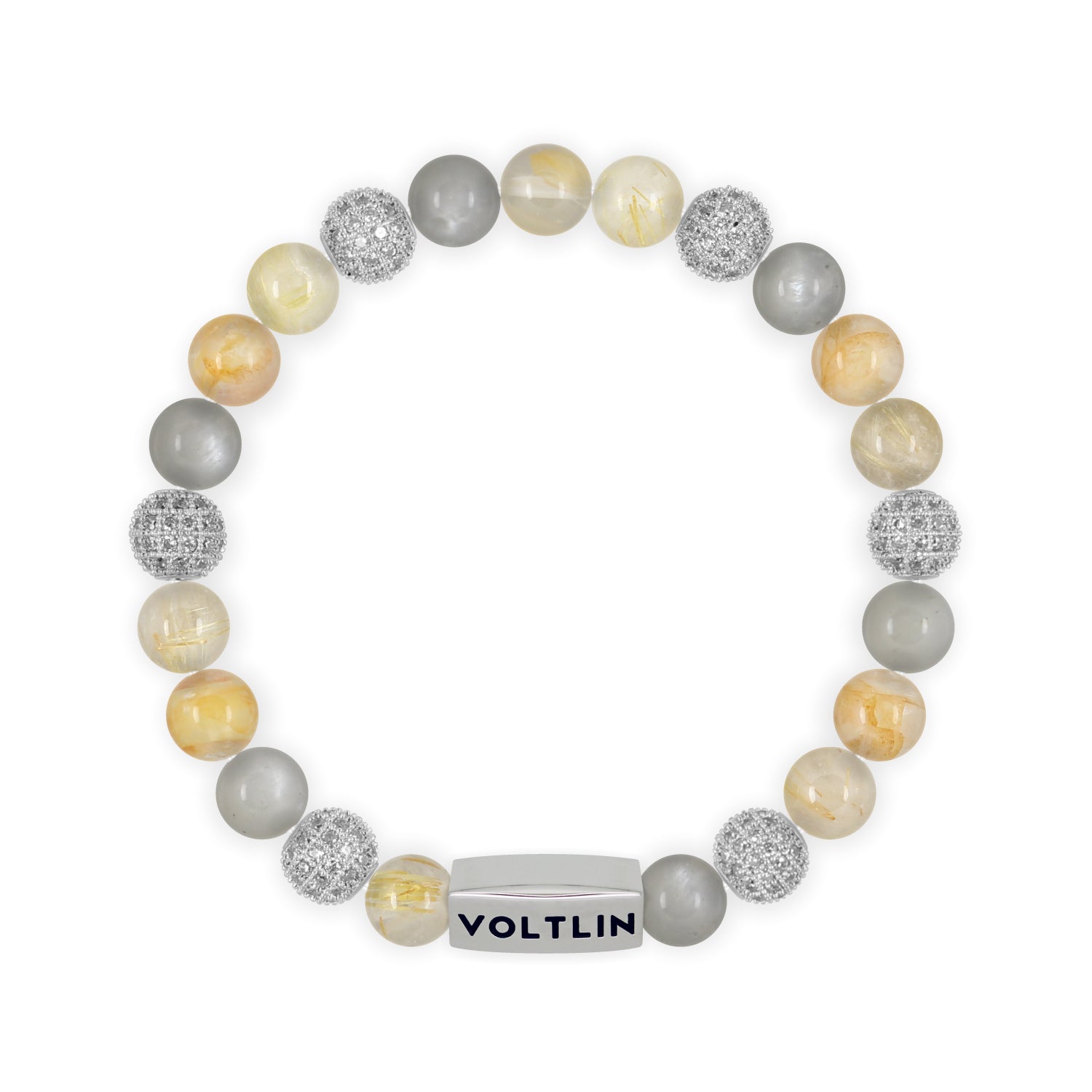 Top view of an 8mm Golden Sirius beaded stretch bracelet featuring Rutilated Quartz, Silver Pave, Moonstone, & Citrine crystal and silver stainless steel logo bead made by Voltlin
