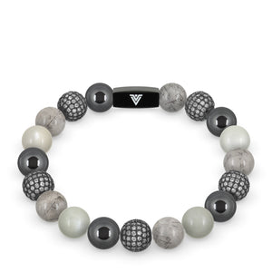 Front view of a 10 mm Gray Sirius beaded stretch bracelet featuring Hematite, Steel Pave, Tourmalinated Quartz, & Moonstone crystal and black stainless steel logo bead made by Voltlin