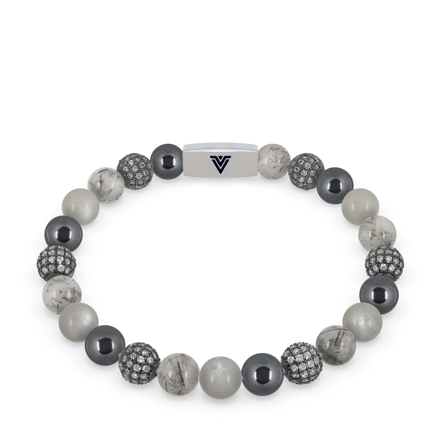 Front view of an 8mm Gray Sirius beaded stretch bracelet featuring Hematite, Steel Pave, Tourmalinated Quartz, & Moonstone crystal and silver stainless steel logo bead made by Voltlin
