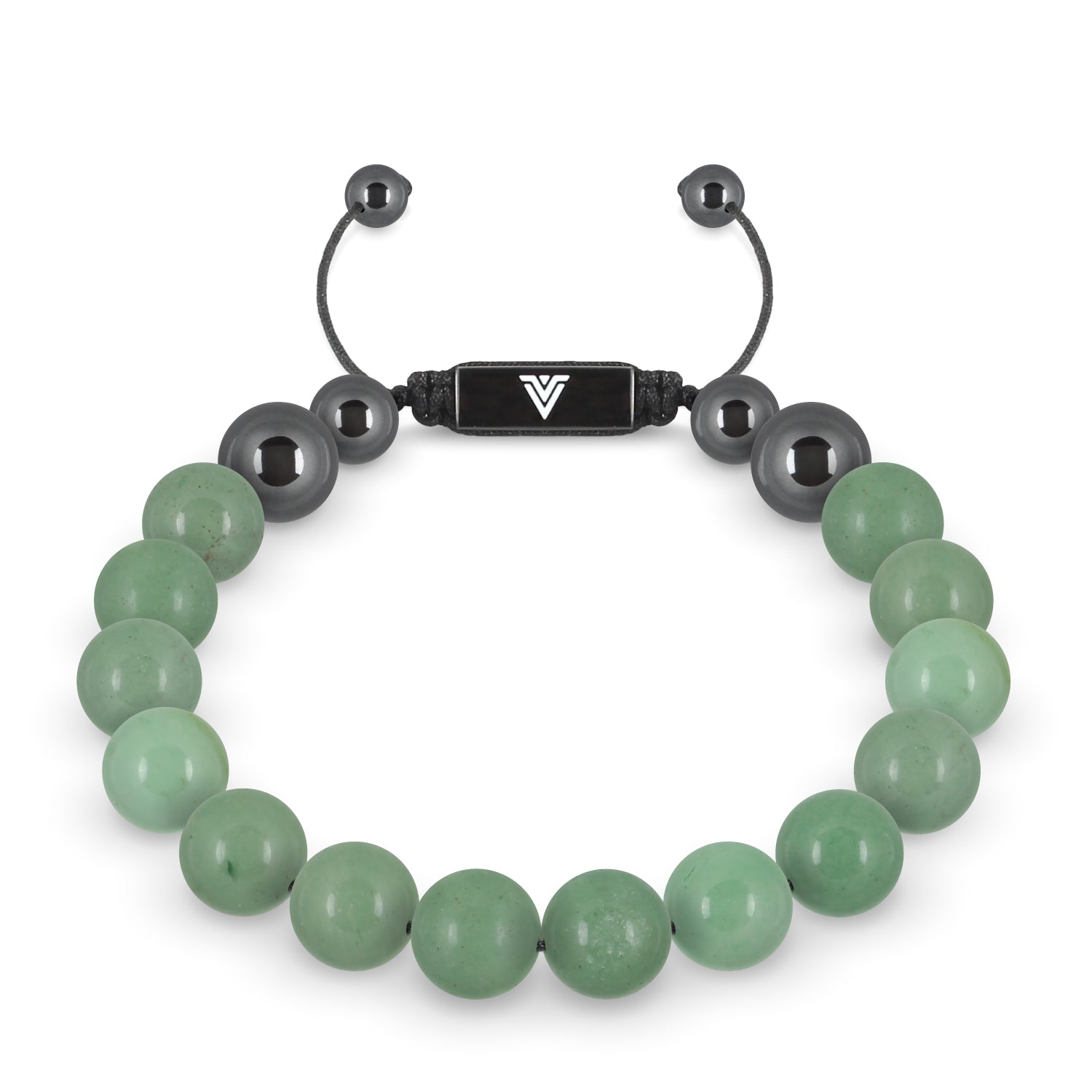 Front view of a 10mm Green Aventurine crystal beaded shamballa bracelet with black stainless steel logo bead made by Voltlin