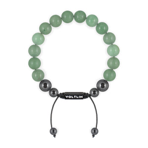 Top view of a 10mm Green Aventurine crystal beaded shamballa bracelet with black stainless steel logo bead made by Voltlin