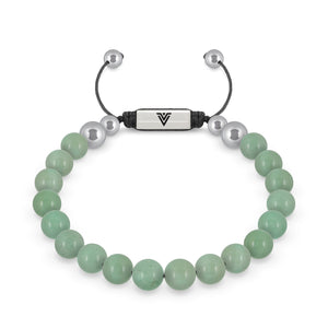Front view of an 8mm Green Aventurine beaded shamballa bracelet with silver stainless steel logo bead made by Voltlin