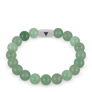 Front view of a 10mm Green Aventurine beaded stretch bracelet with silver stainless steel logo bead made by Voltlin