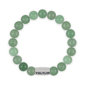 Top view of a 10mm Green Aventurine beaded stretch bracelet with silver stainless steel logo bead made by Voltlin