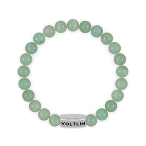 Top view of an 8mm Green Aventurine beaded stretch bracelet with silver stainless steel logo bead made by Voltlin