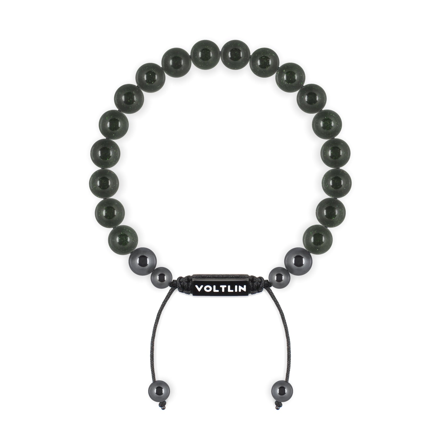 Top view of an 8mm Green Goldstone crystal beaded shamballa bracelet with black stainless steel logo bead made by Voltlin