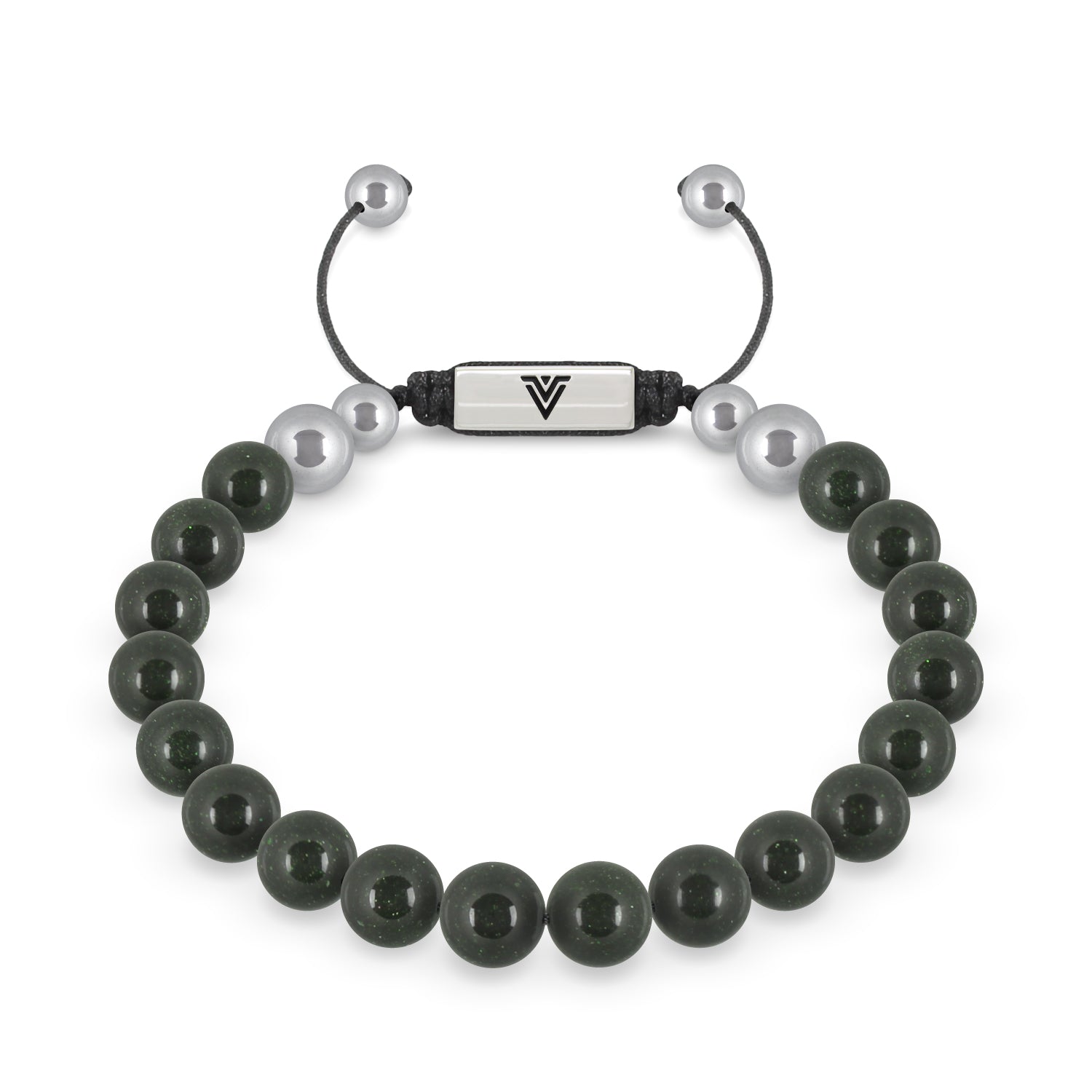 Front view of an 8mm Green Goldstone beaded shamballa bracelet with silver stainless steel logo bead made by Voltlin