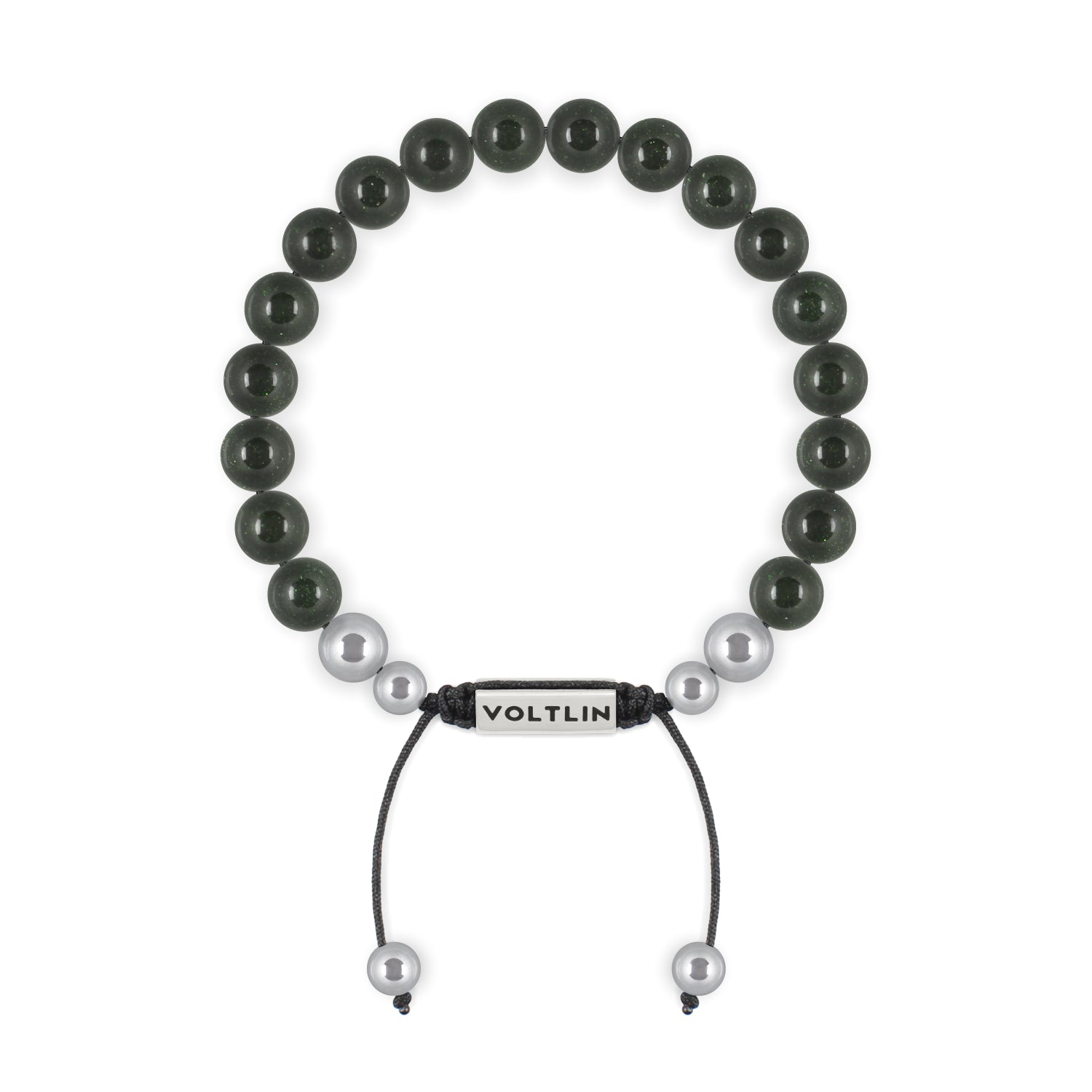 Top view of an 8mm Green Goldstone beaded shamballa bracelet with silver stainless steel logo bead made by Voltlin