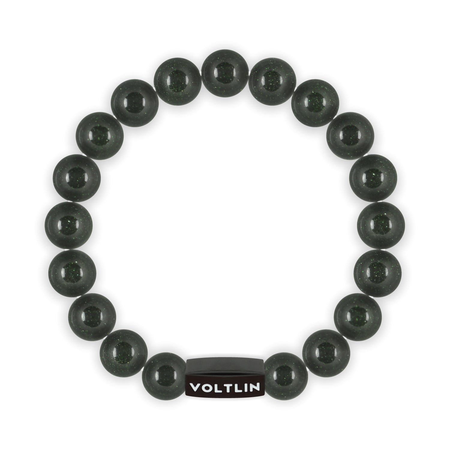 Top view of a 10mm Green Goldstone crystal beaded stretch bracelet with black stainless steel logo bead made by Voltlin